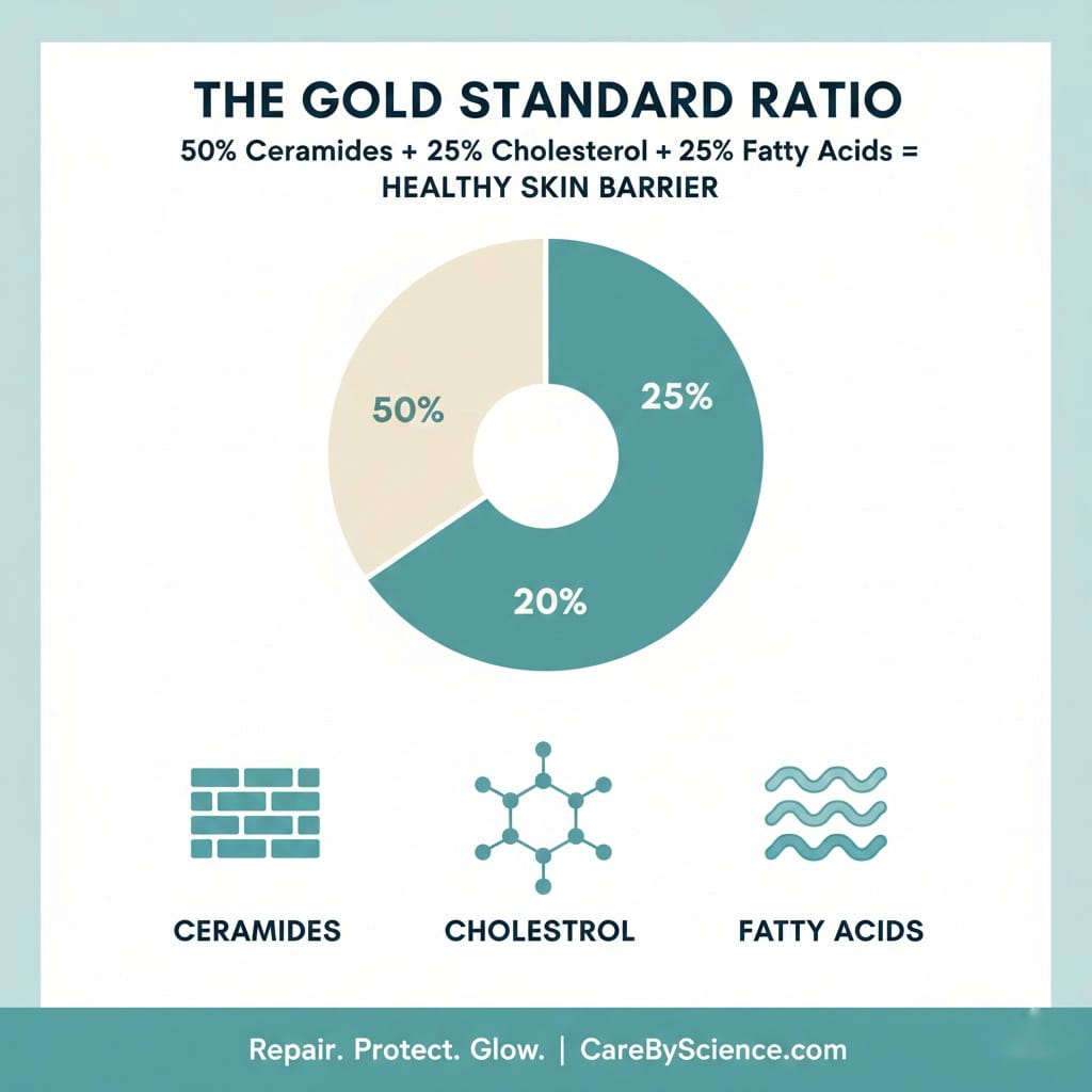 Infographic explaining the optimal 2:1:1 lipid ratio of ceramides, cholesterol, and fatty acids for a healthy skin barrier.