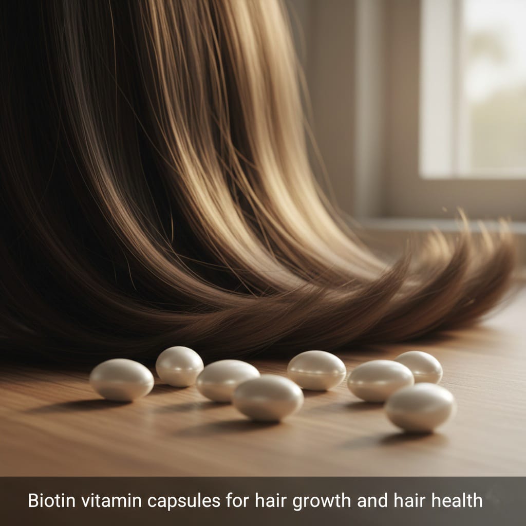 White biotin capsules on a wooden surface representing natural vitamins for hair strength and keratin production.