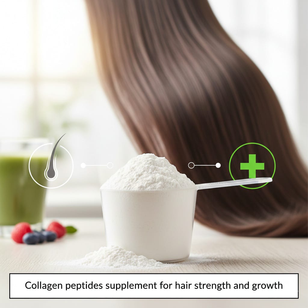 A scoop of collagen peptides powder with healthy hair imagery representing structural protein support.