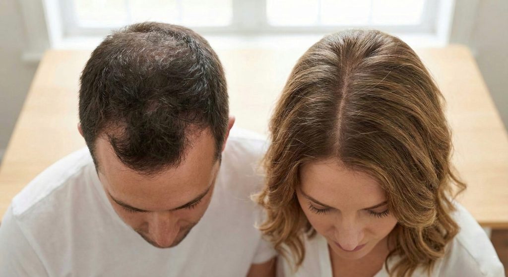 Early signs of DHT hair loss including crown thinning and receding hairline