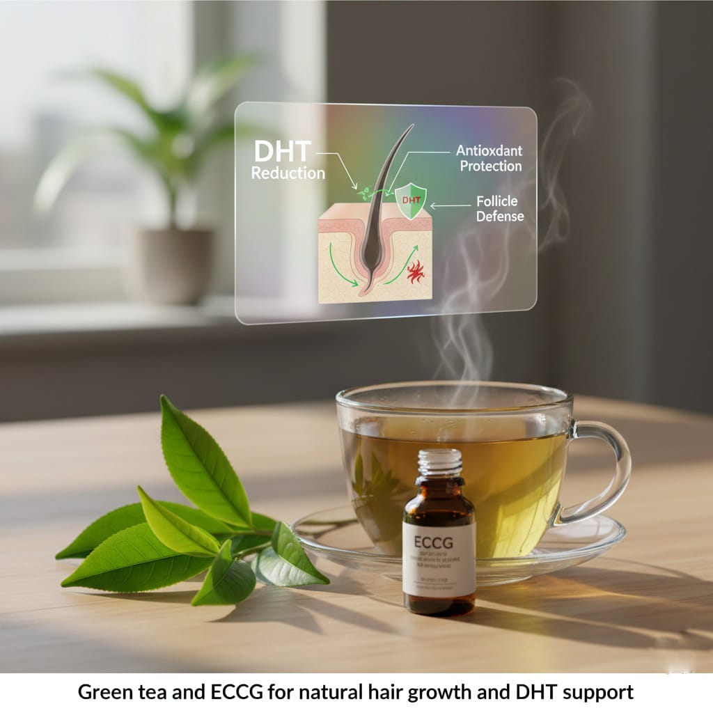 A cup of green tea and EGCG extract bottle for natural DHT support and hair follicle protection.
