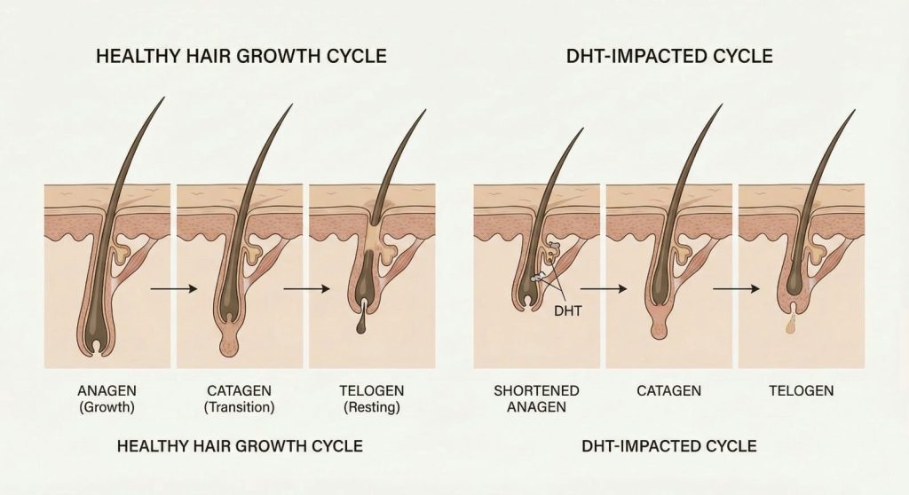 Hair growth cycle affected by DHT causing hormonal hair thinning
