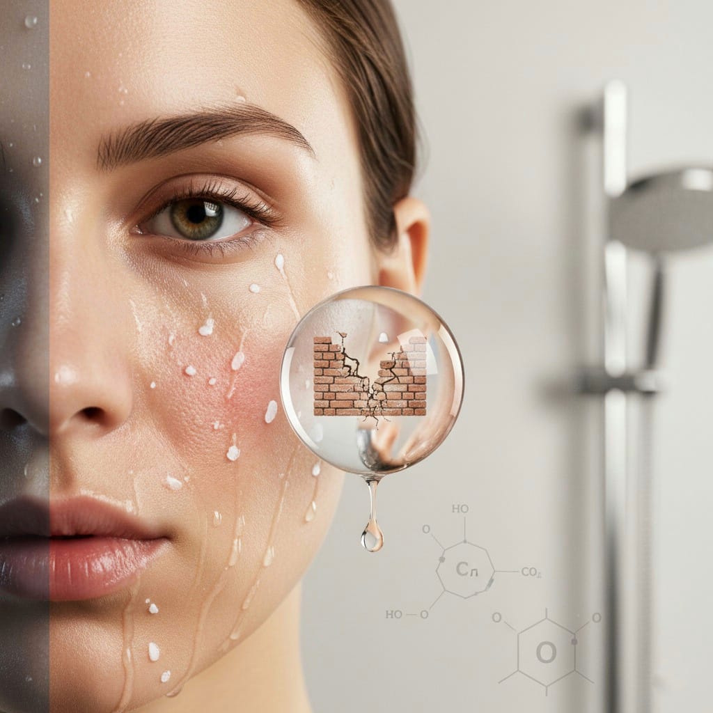 Close-up of a woman's face with water drops, showing a magnified cracked brick wall inside a bubble, symbolizing hard water damage to the skin barrier.