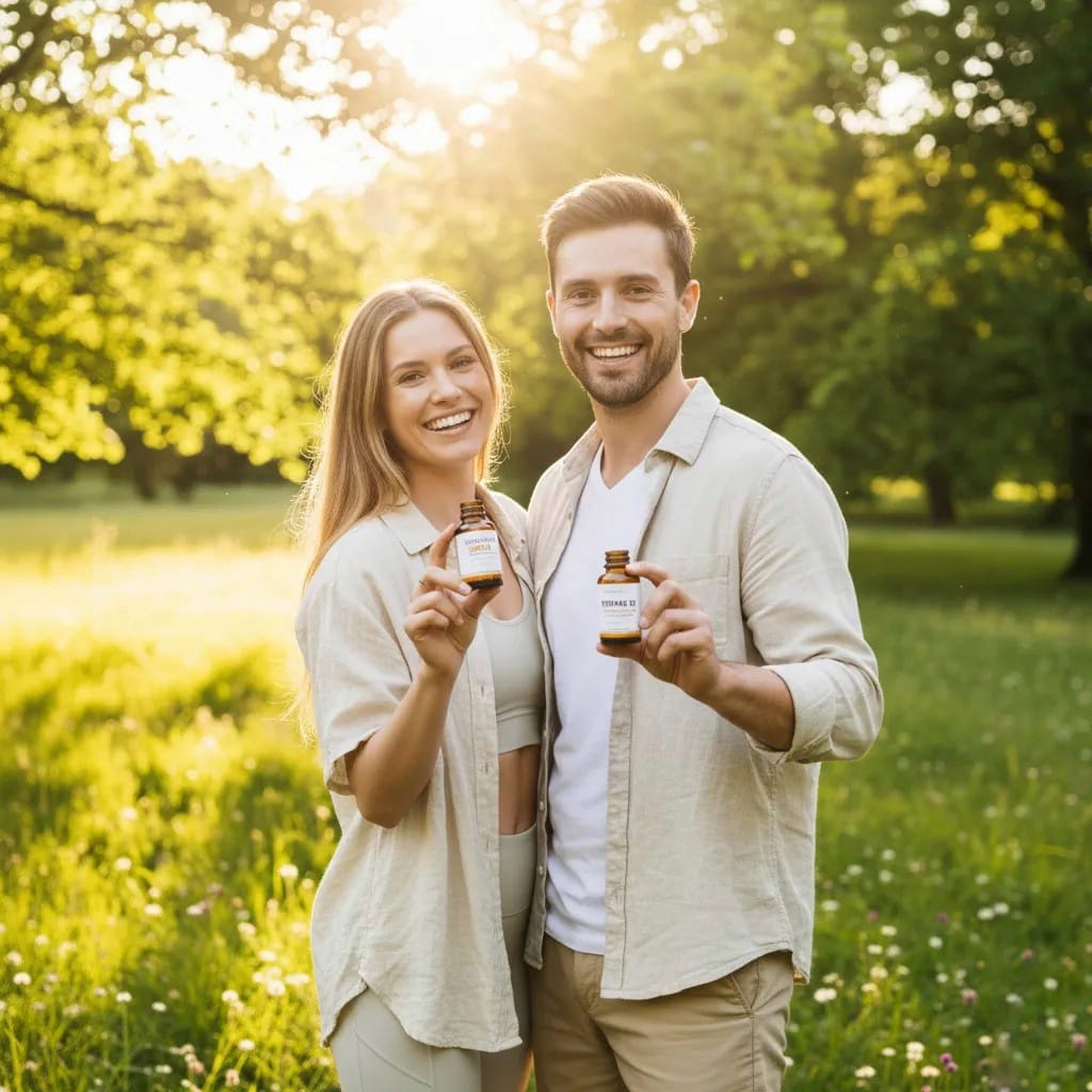 Healthy adults taking vitamin D supplements outdoors in sunlight for wellness