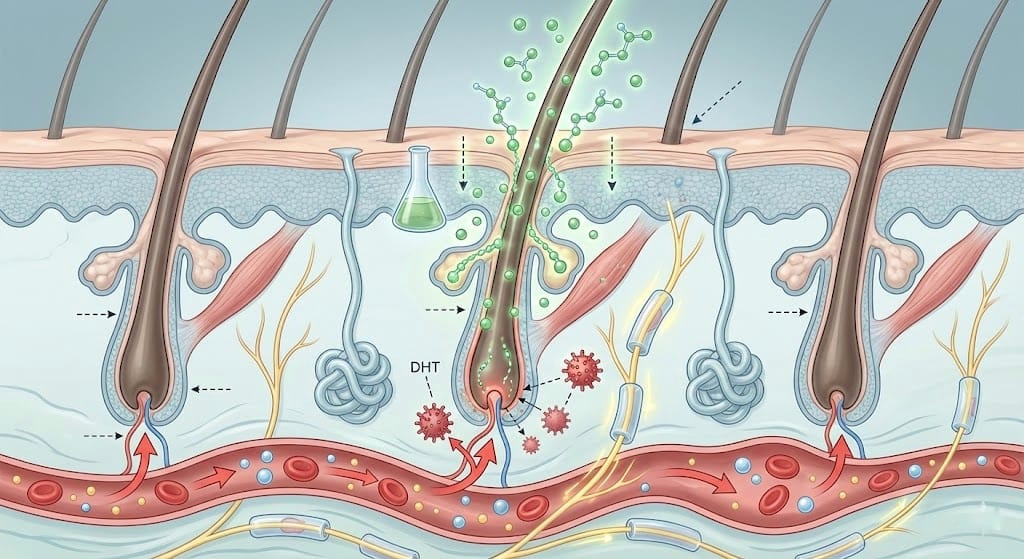 Illustration showing how rosemary oil stimulates hair follicles and scalp circulation