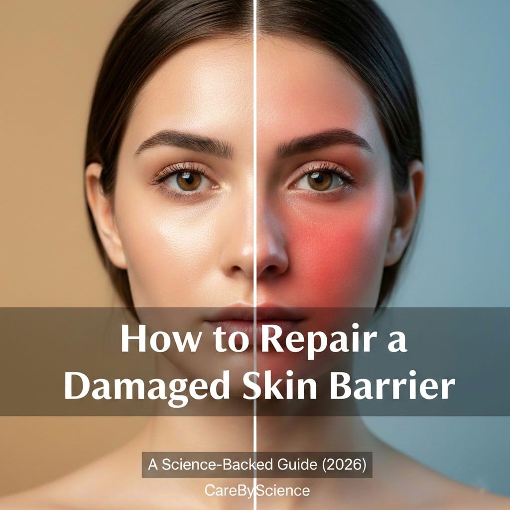 Comparison of a healthy vs damaged skin barrier showing inflammation and redness on a woman's face.