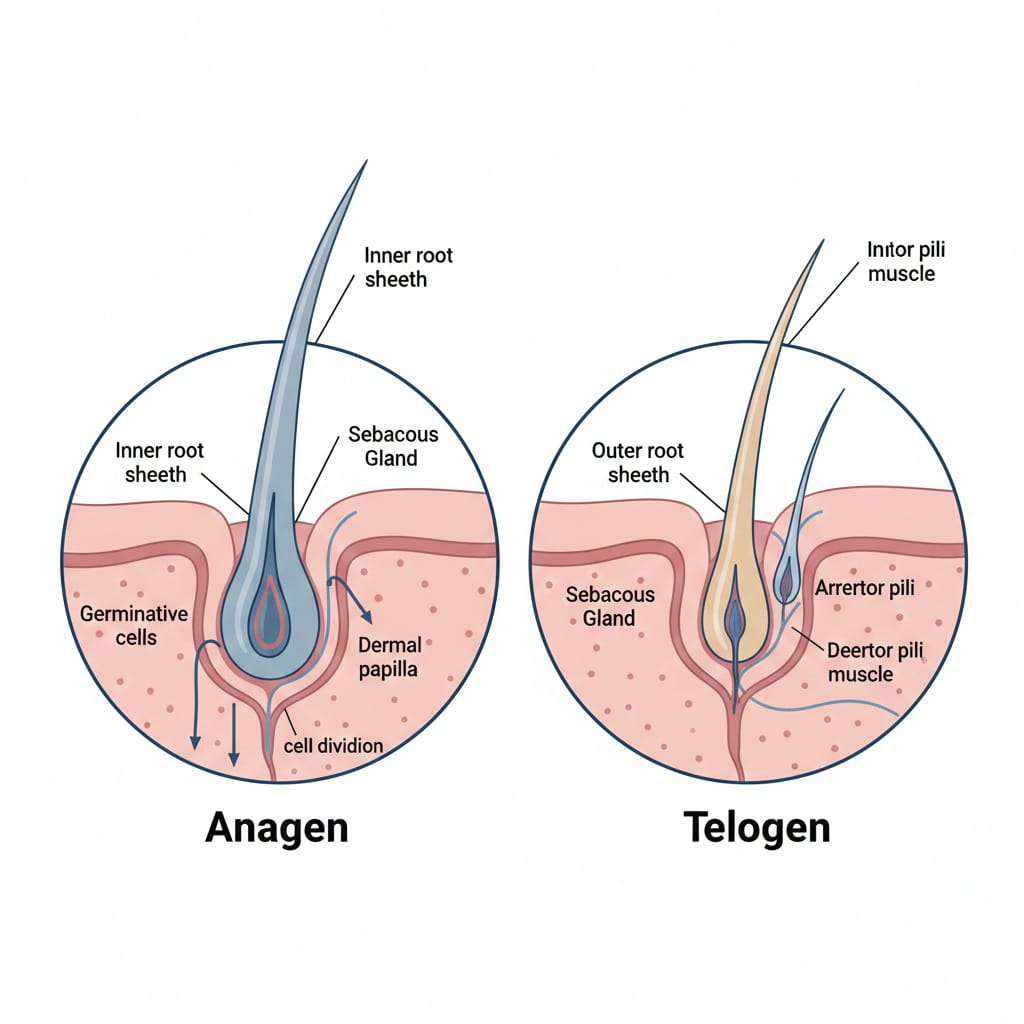 Scientific diagram illustrating the Anagen, Catagen, and Telogen phases of the human hair growth cycle.