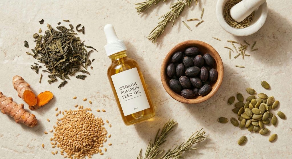 Natural DHT blockers for hair loss including saw palmetto and pumpkin seed oil