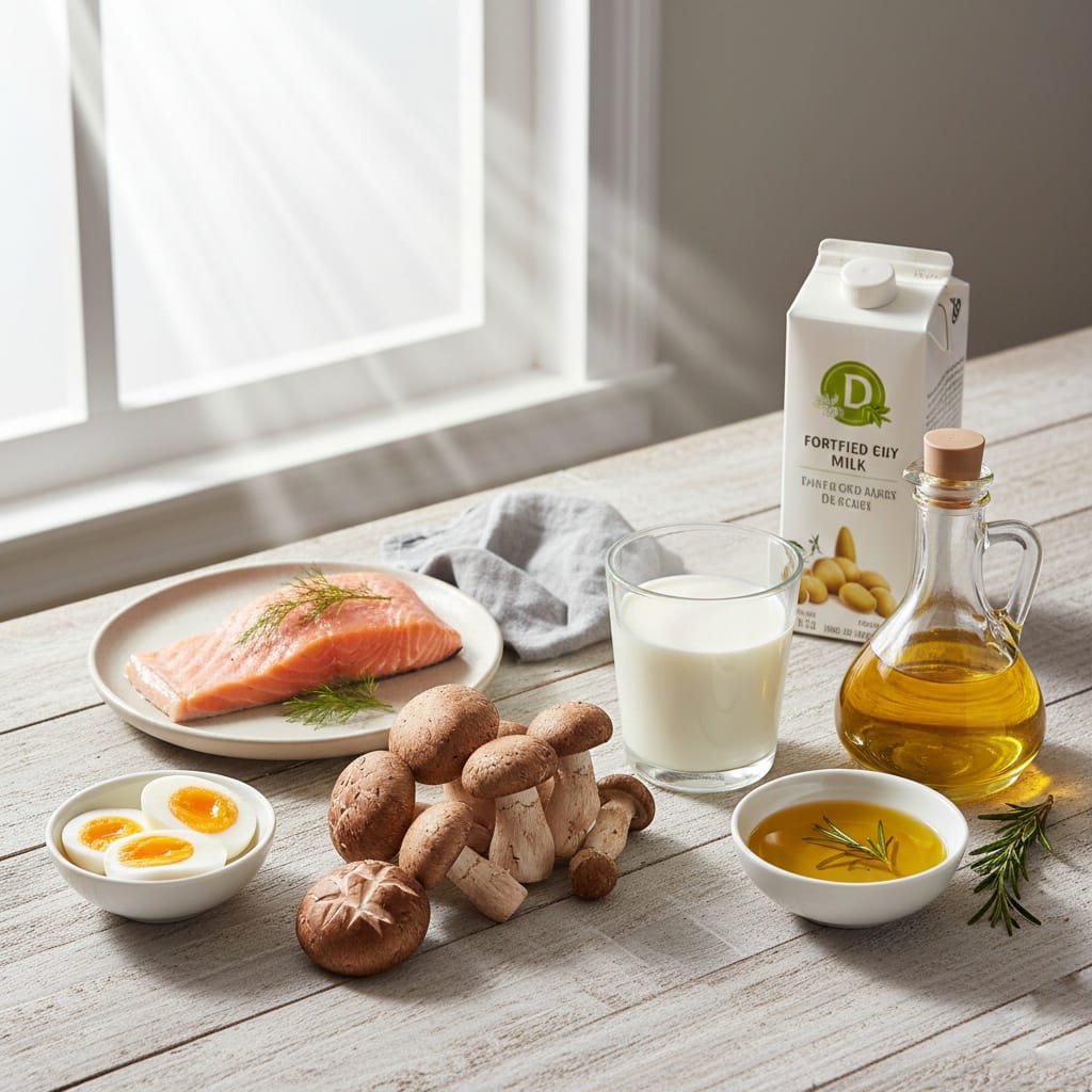 Natural sources of vitamin D including sunlight and vitamin D rich foods