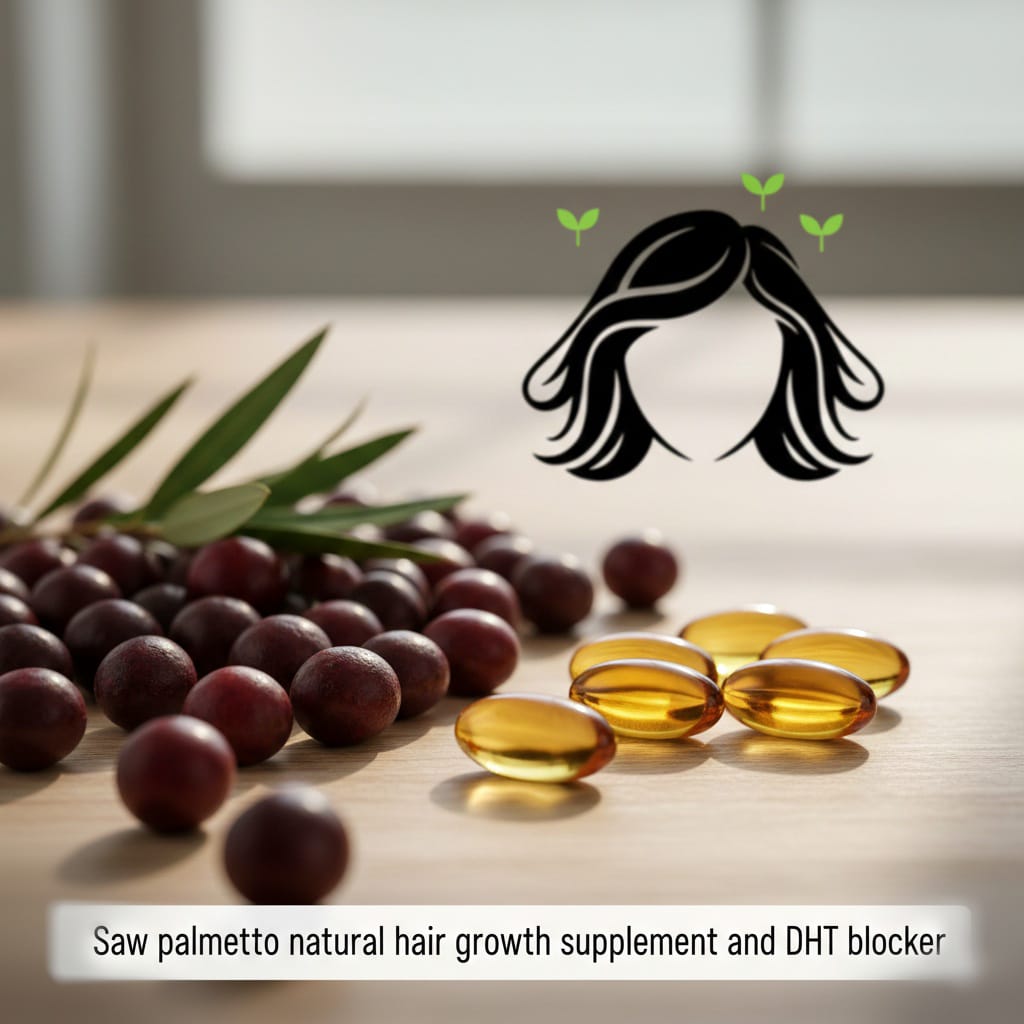 Natural saw palmetto berries and gel capsules used as a DHT blocker for androgenetic alopecia treatment.