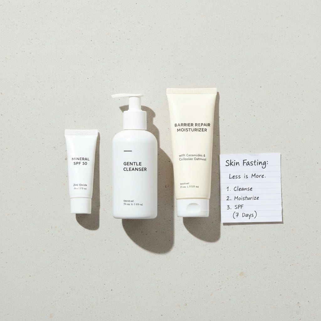 Minimalist skin fasting routine with gentle cleanser, barrier repair moisturizer, and mineral SPF to heal a damaged skin barrier.