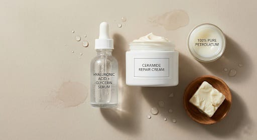 Flat lay of Transepidermal Water Loss reducing skincare products including serum, cream, and petrolatum balm.