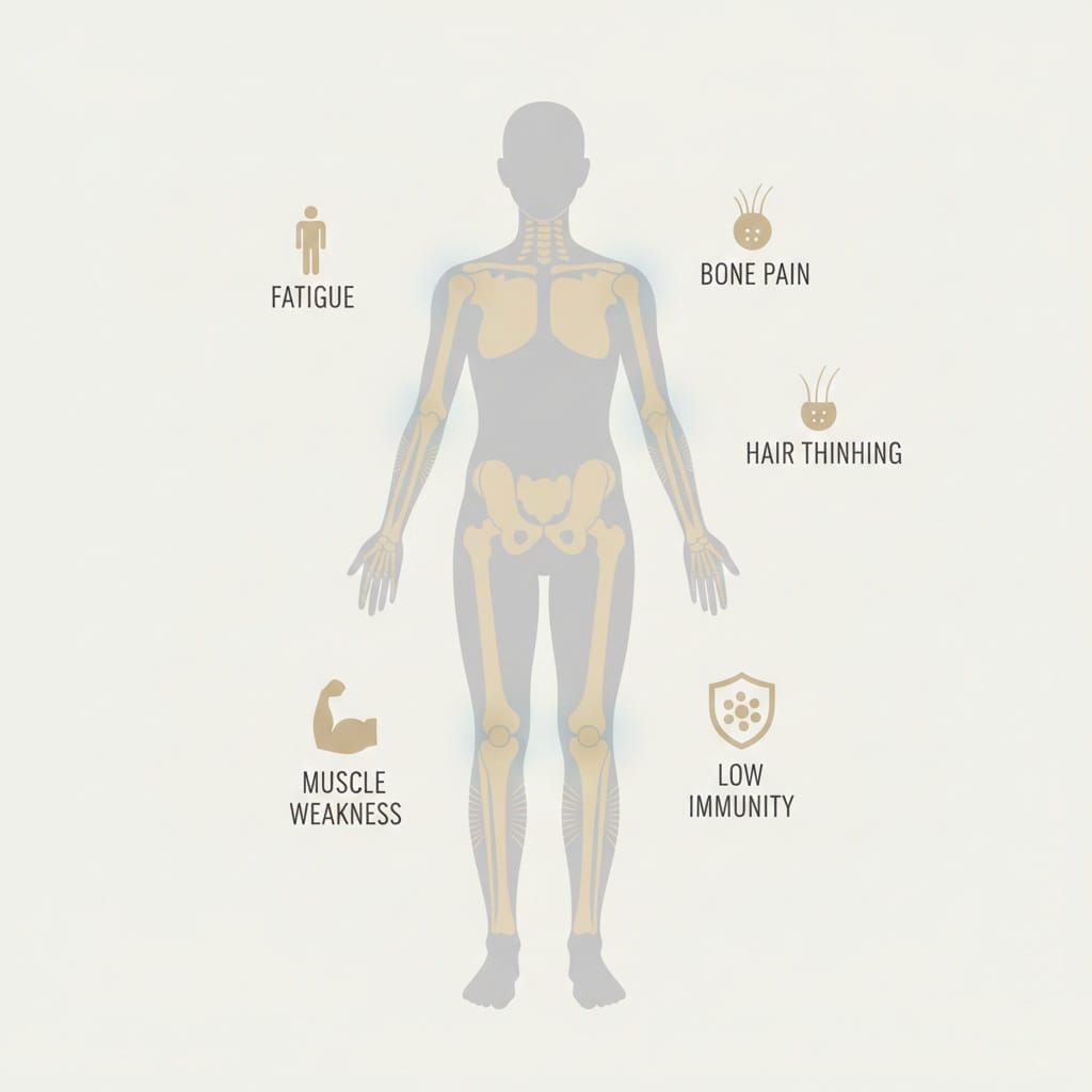 Common vitamin D deficiency symptoms such as fatigue, bone pain, and hair loss