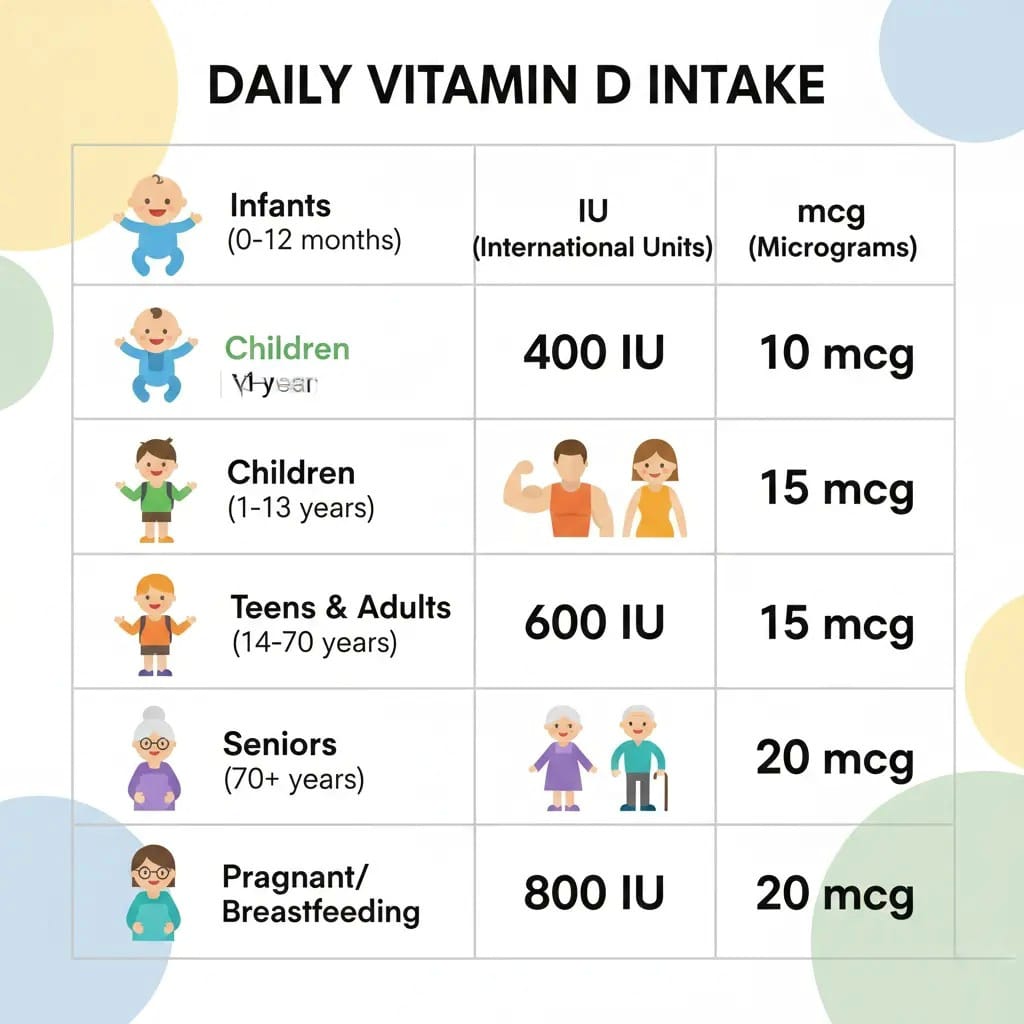 Vitamin D recommended daily intake chart by age group