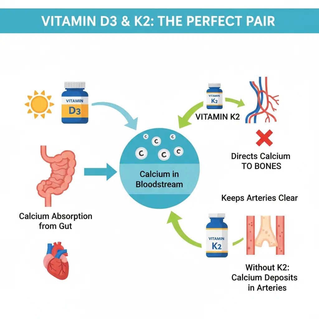 Vitamin D3 and Vitamin K2 working together to direct calcium to bones