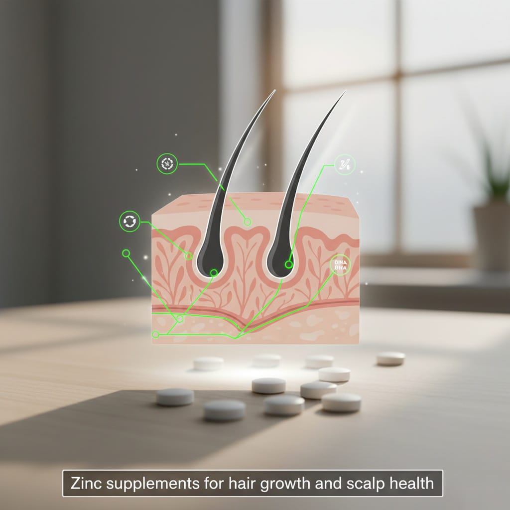 Zinc tablets providing essential minerals for healthy hair follicle regeneration.
