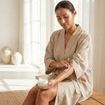 Woman applying body retinol lotion to treat crepey skin on arms