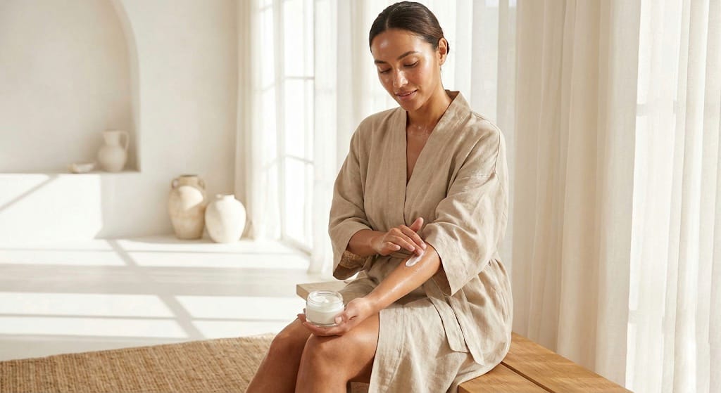 Woman applying body retinol lotion to treat crepey skin on arms