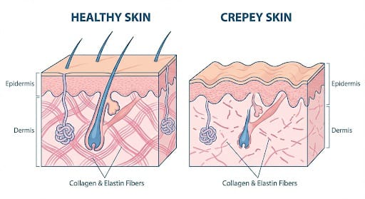 Diagram showing how collagen loss causes crepey skin and how retinol thickens the dermis