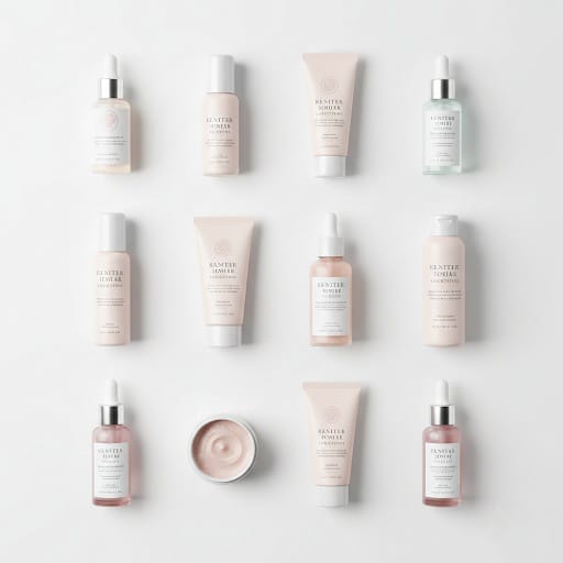 A clean, minimalist grid of various skincare products including serums, moisturizers, and creams for a winter routine.