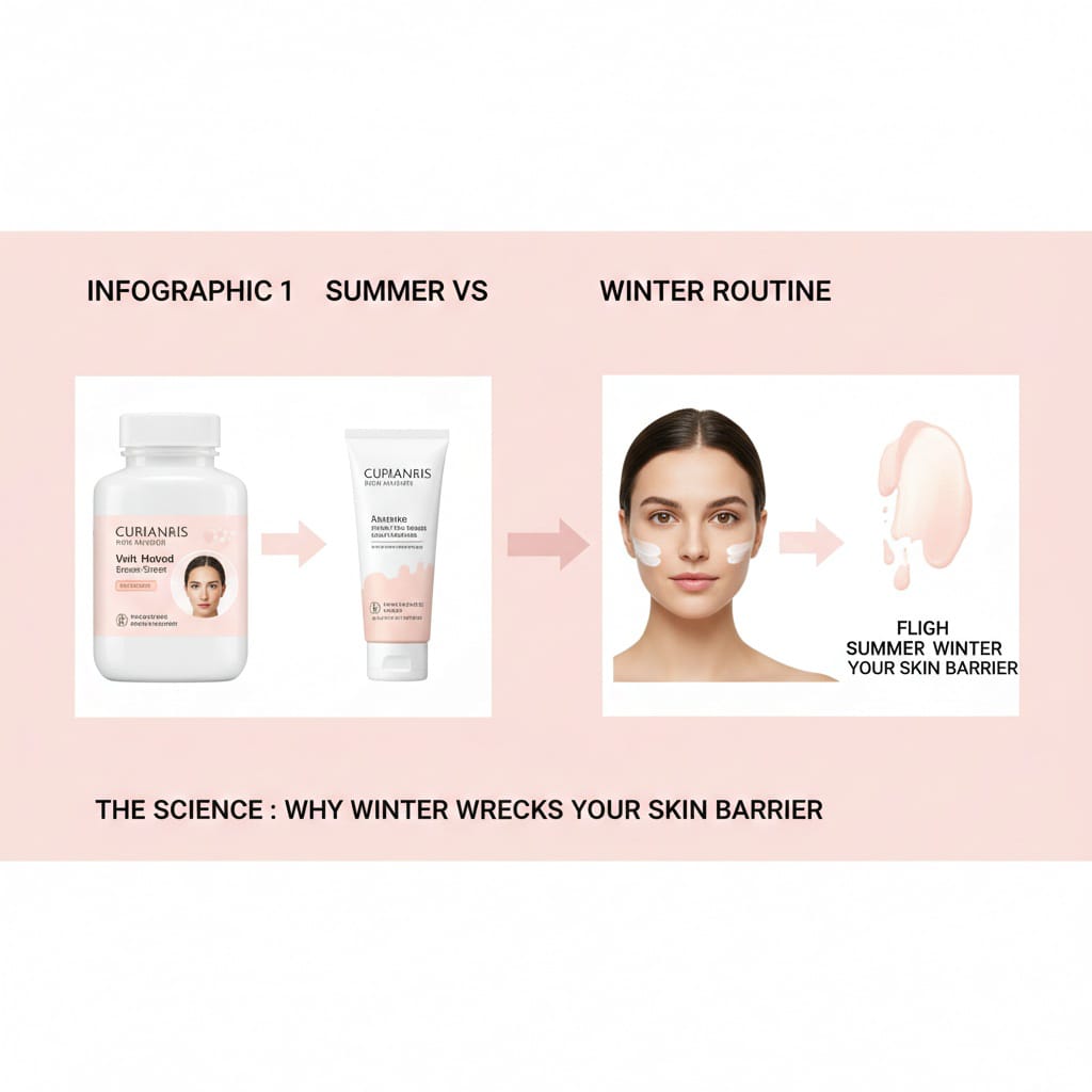Infographic comparing summer skincare with light gels to winter skincare with rich creams and facial oils. 
