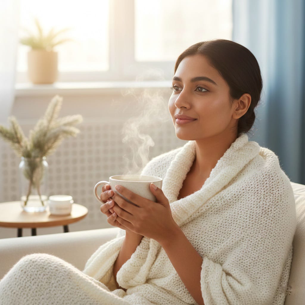 Woman with glowing skin in a winter skincare routine cozy setting.