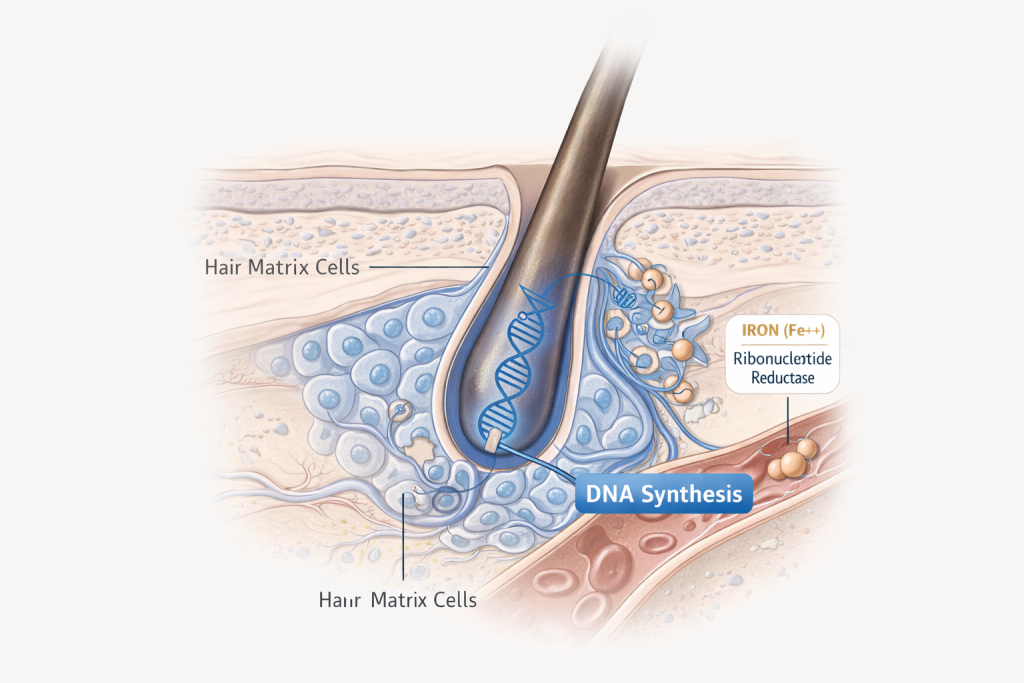 Diagram showing iron role in DNA synthesis inside hair follicle cells
